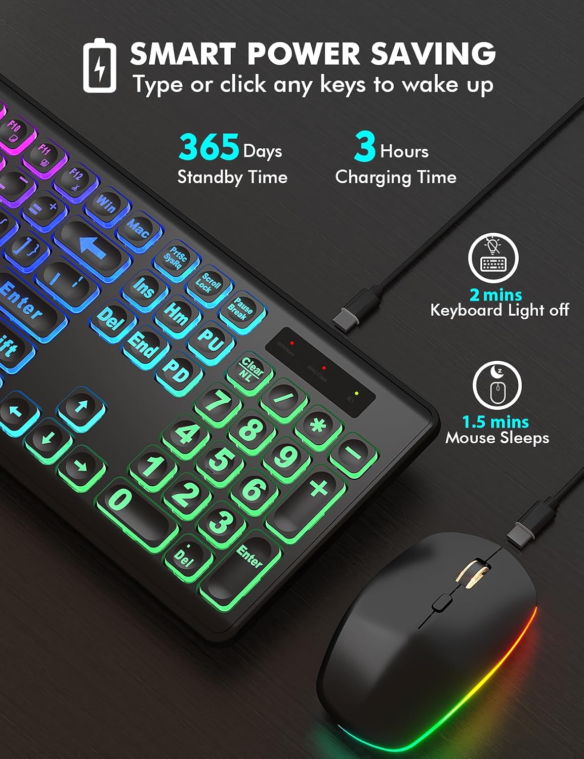 Combo de teclado y ratón inalámbricos, retroiluminación RGB, recarg...