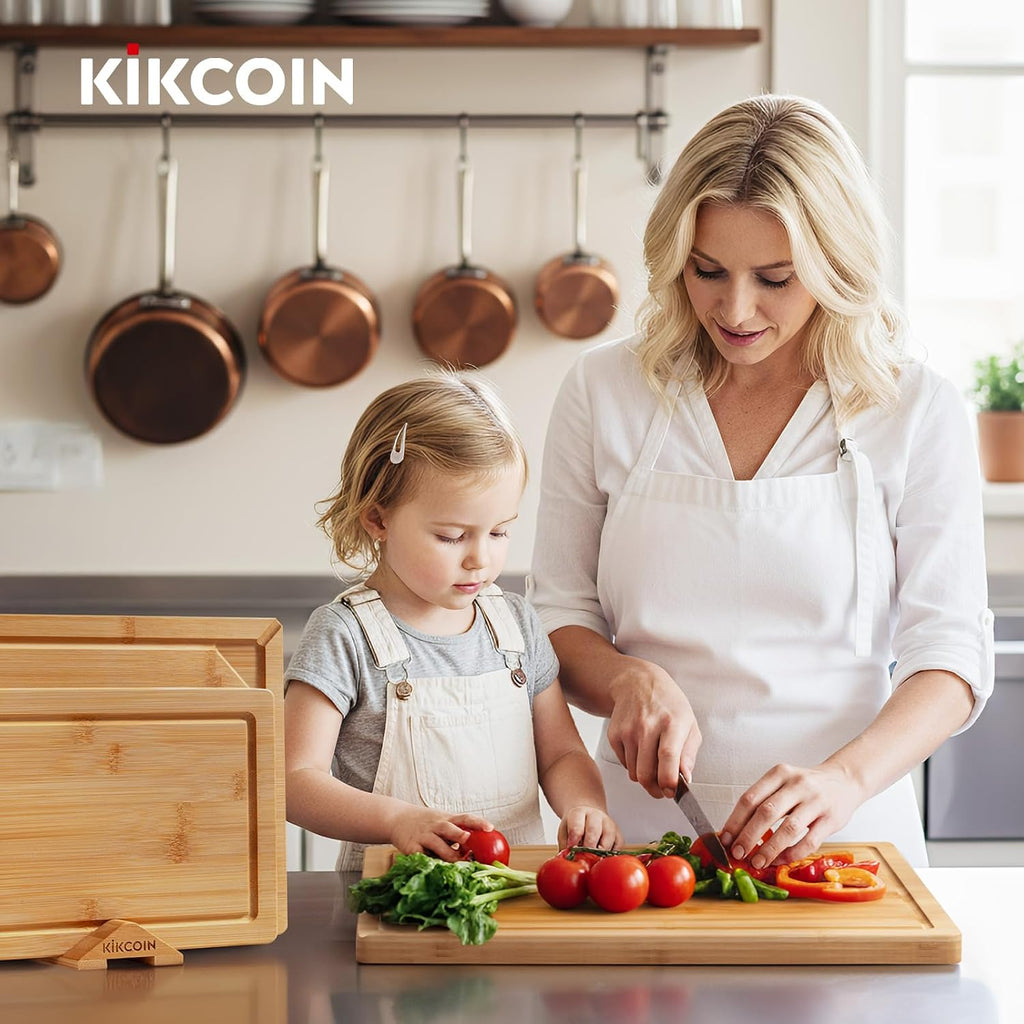 Kikcoin 3+1 tablas de cortar de bambú autodrenantes, tablas de cort...
