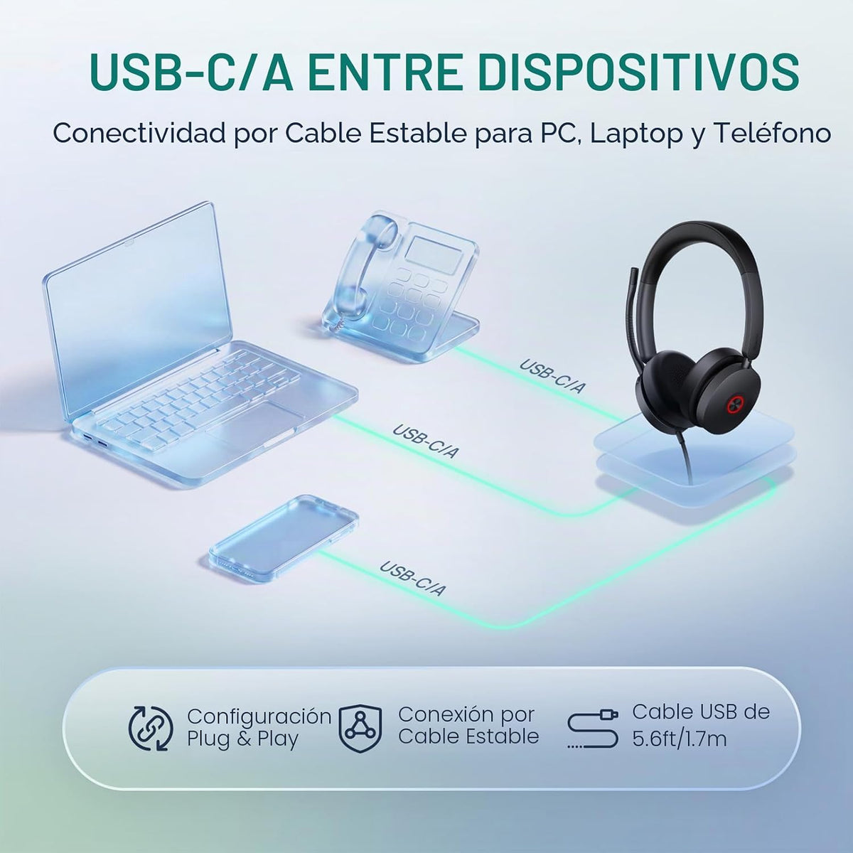 Yealink Auriculares USB-C\/A con cable UH48 ANC, 6 micrófonos con |...