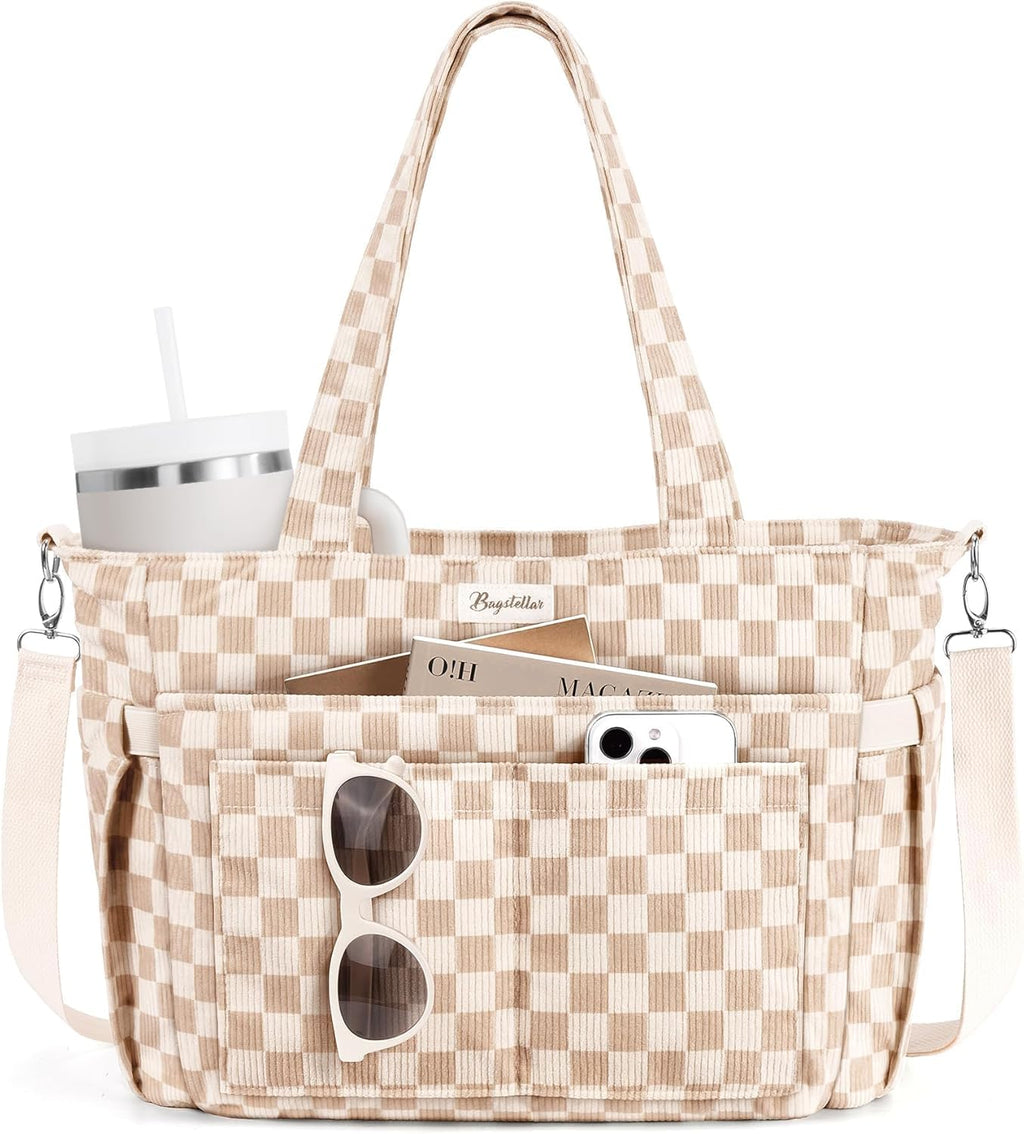 Bolsa tote de pana para mujeres, 17 bolsillos para laptop de trabaj...