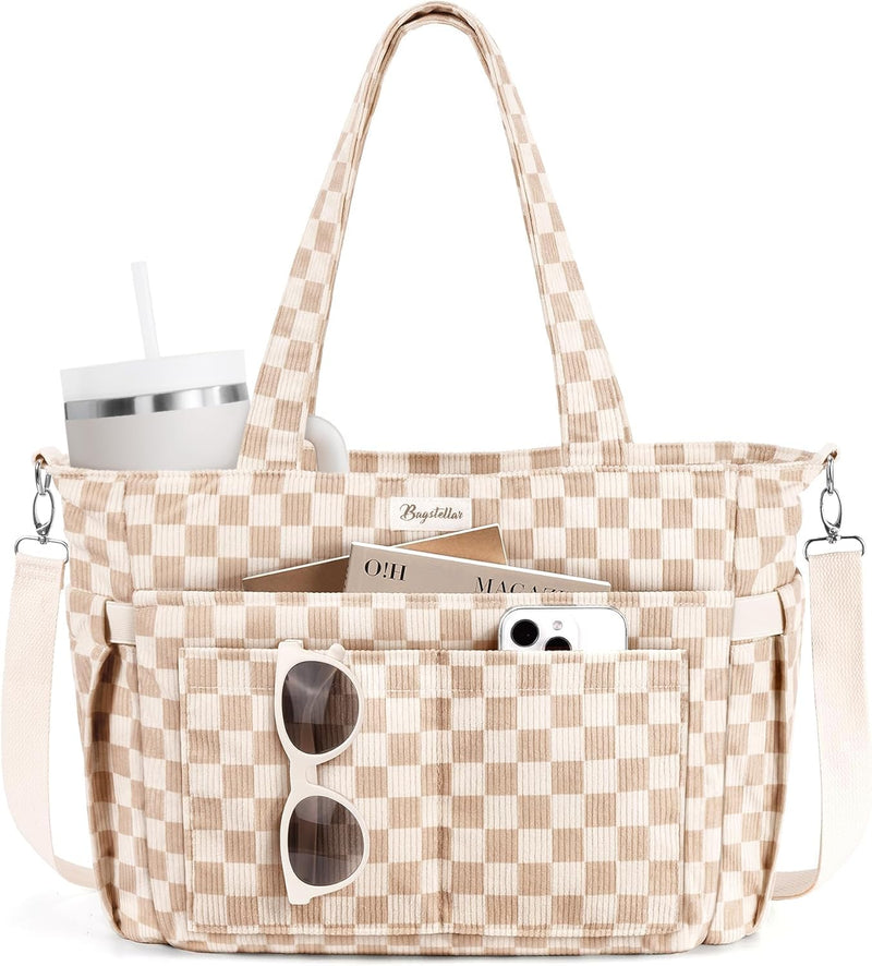 Bolsa tote de pana para mujeres, 17 bolsillos para laptop de trabaj...