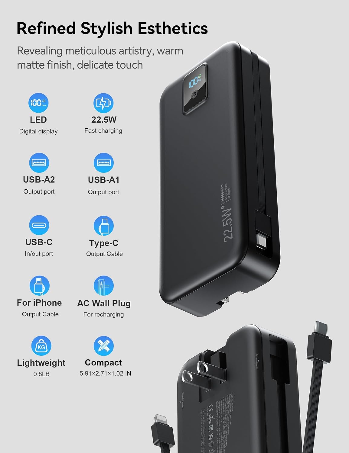 Rngsnoy Cargador portátil 20000mAh 22.5W w\/Cable incorporado y enc...