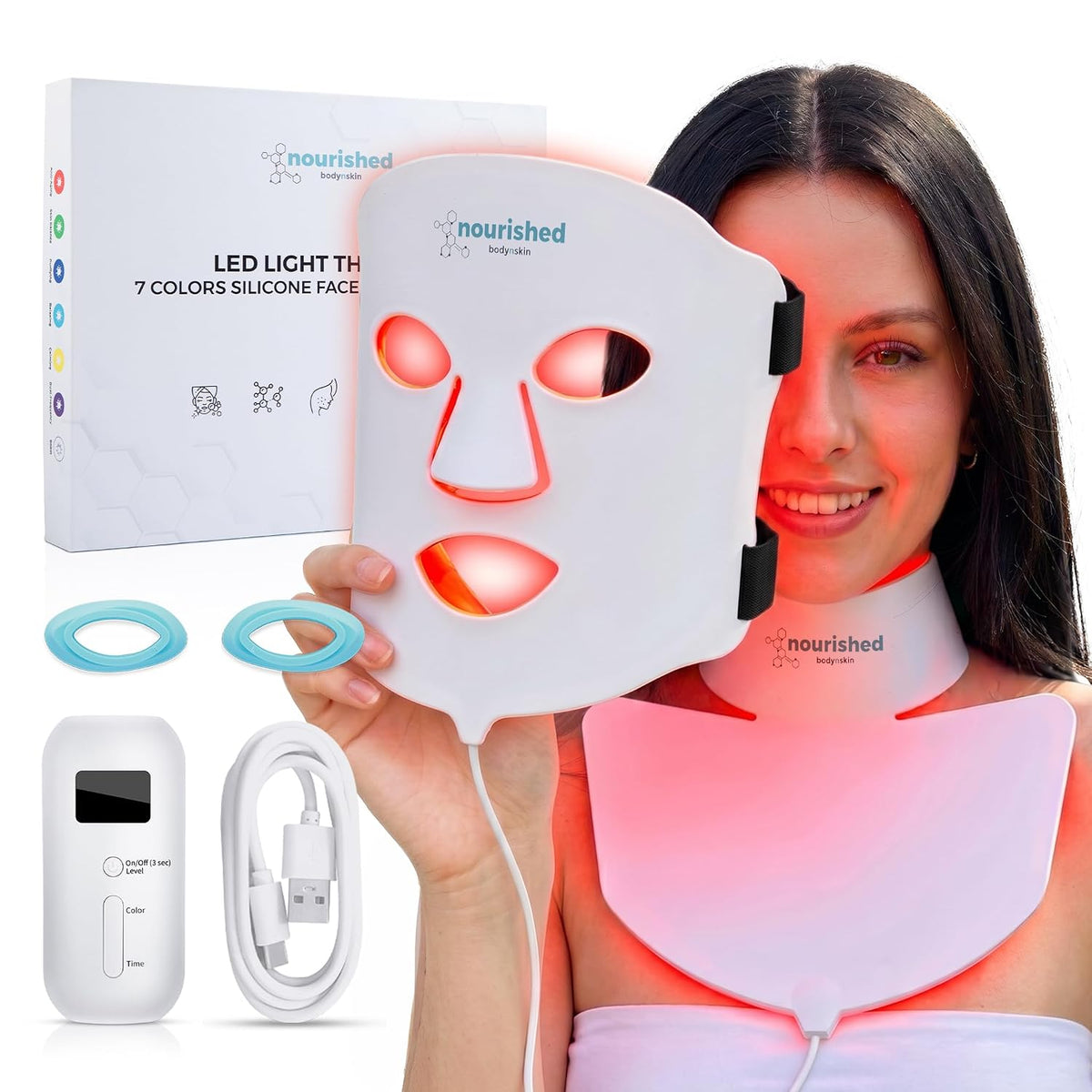 Nourished Bodynskin Máscara facial y cuello con terapia de luz LED,...