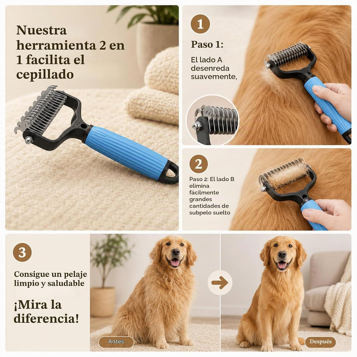 2 cepillos de aseo para mascotas, rastrillo de doble cara y peine d...