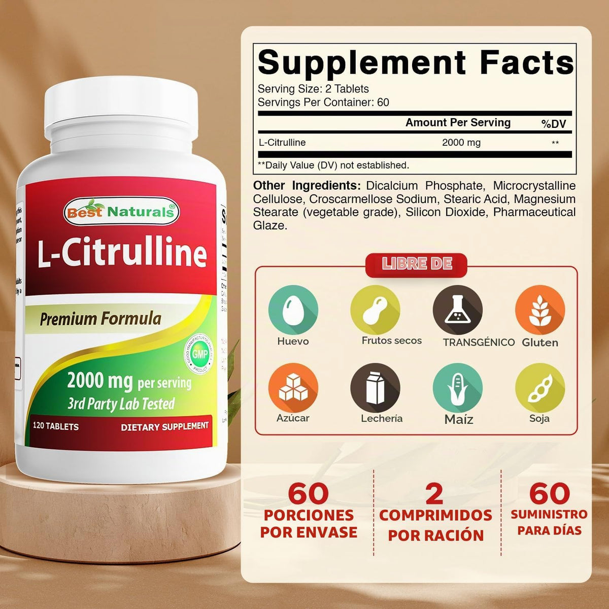 Best Naturals L-Citrulina 2000 mg\/porción - Sin OMG - Sin gluten -...