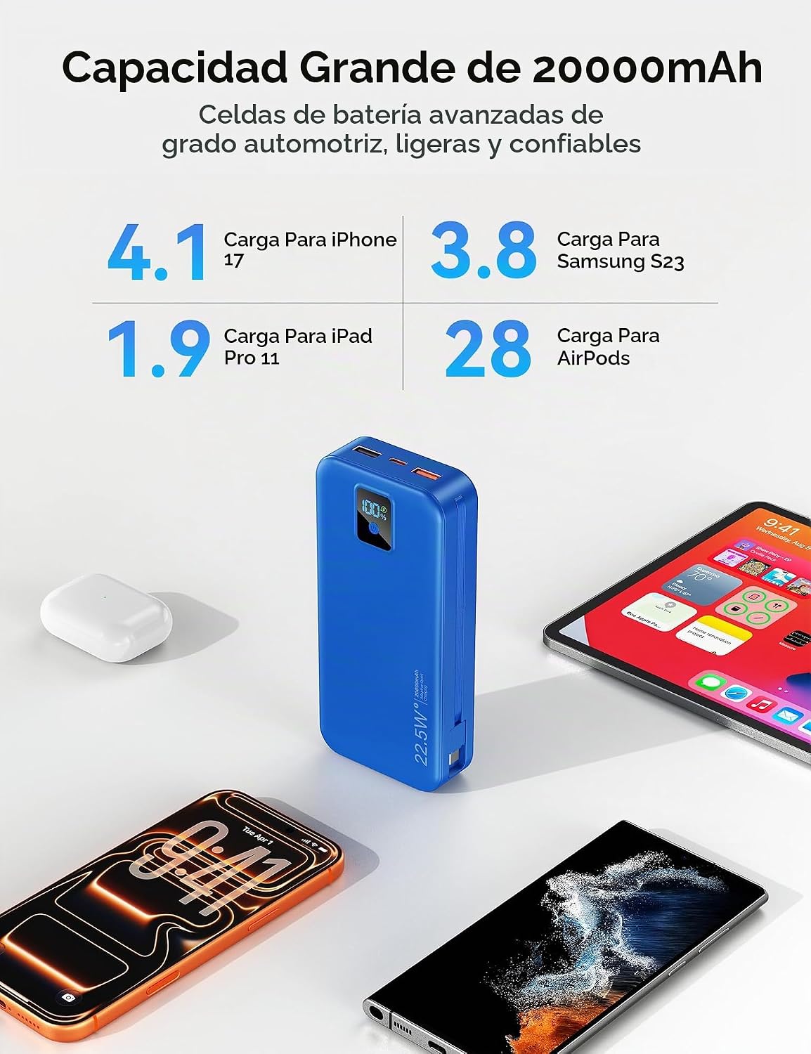 Rngsnoy Cargador portátil 20000mAh 22.5W w\/Cable incorporado y enc...
