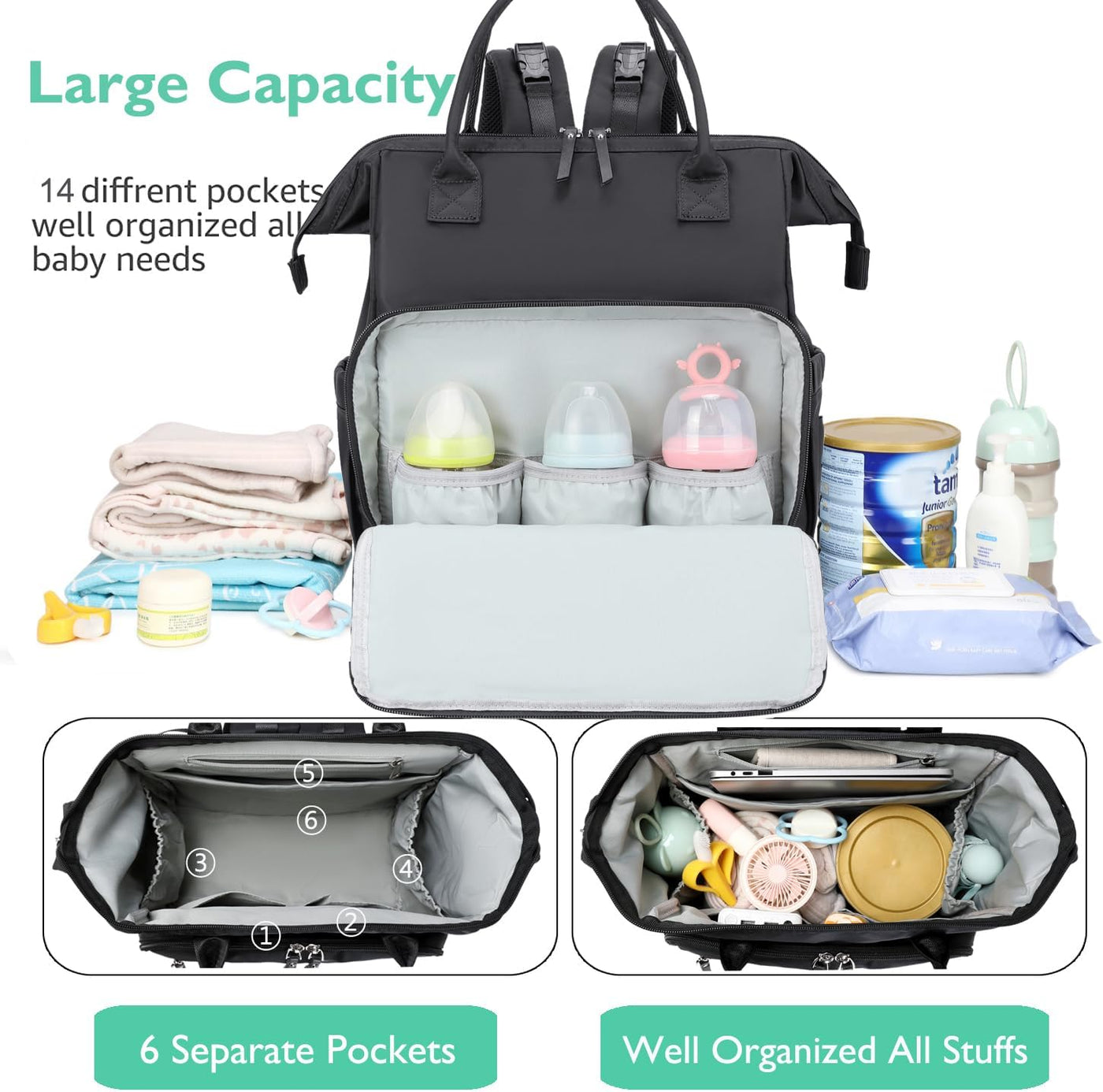 LORADI - Mochila convertible para pañales con tapa de apertura ampl...