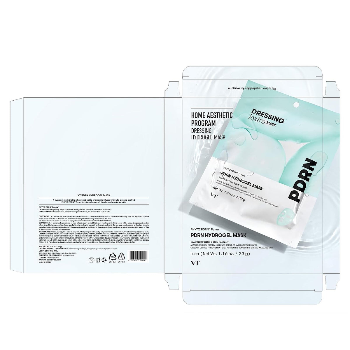 VT COSMETICS PDRN Hydrogel Mask, 4ea | Mascarilla nutritiva y rejuv...