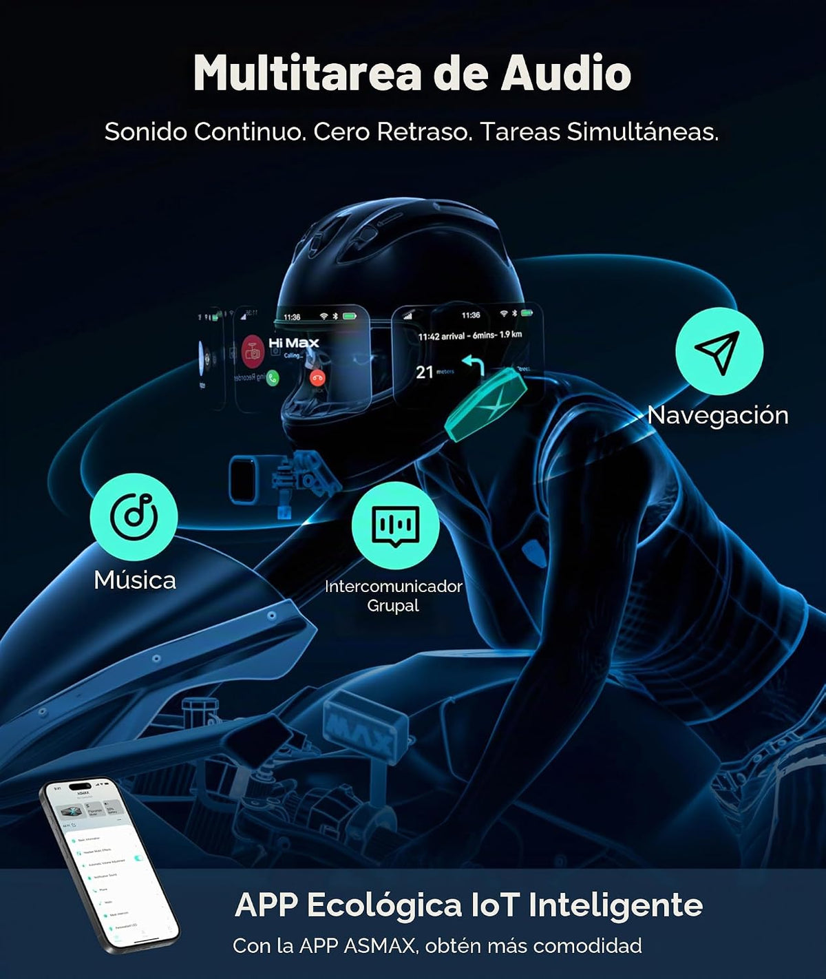 ASMAX F1s - Auriculares Bluetooth para motocicleta con control de v...