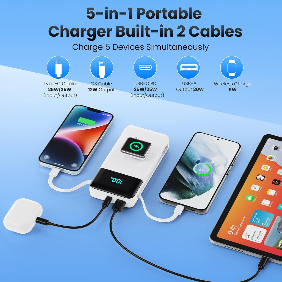 Cargador portátil de 40800 mAh con cables integrados, batería portá...