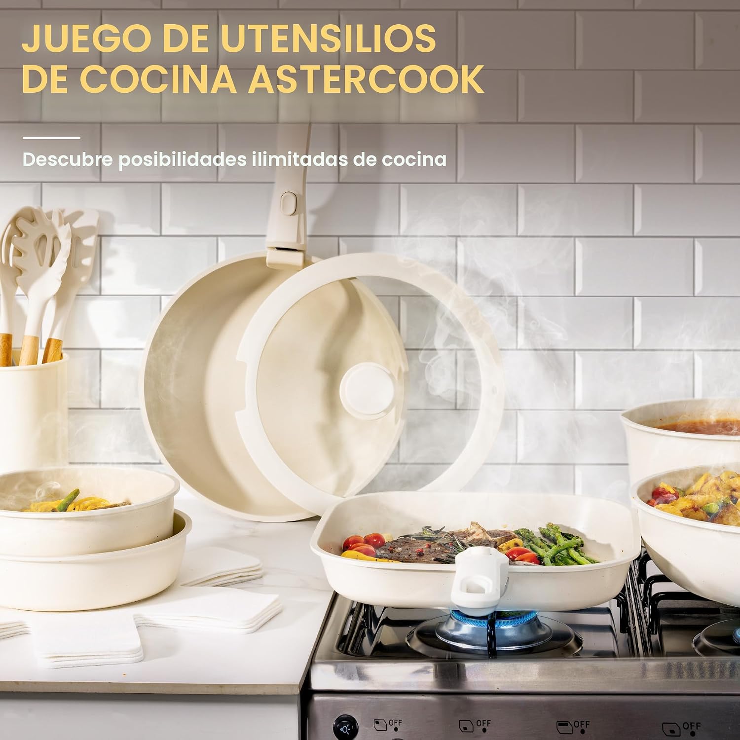 Astercook Juego de 23 ollas y sartenes antiadherentes, juego de ute...