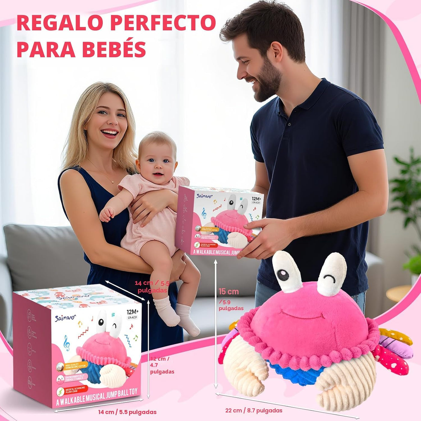 SAIMAND - Juguete de cangrejo rosa para gatear, regalo musical inte...