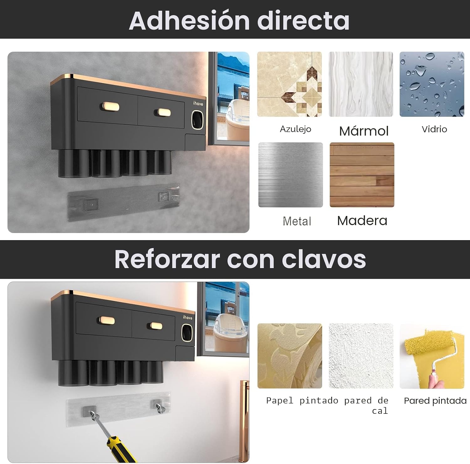 iHave - Portacepillos de dientes de pared para baños con dispensado...