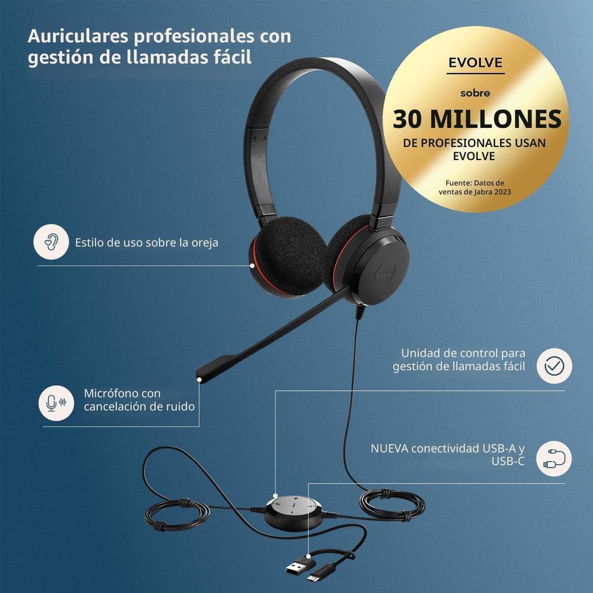 Jabra Evolve 20 (edición 2025) Auriculares USB con cable y micrófon...
