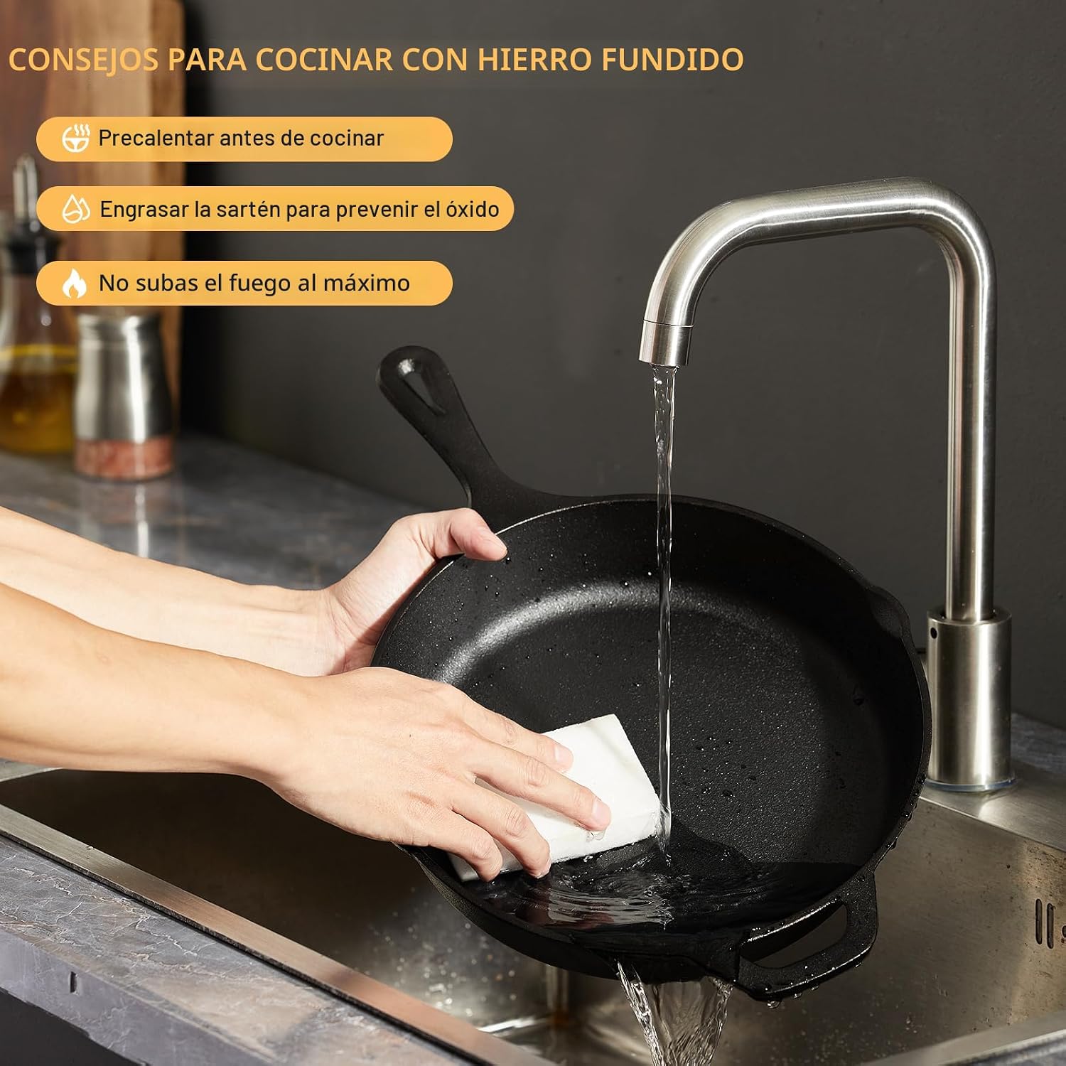 EWFEN Juego de 3 sartenes de hierro fundido, utensilios de cocina p...