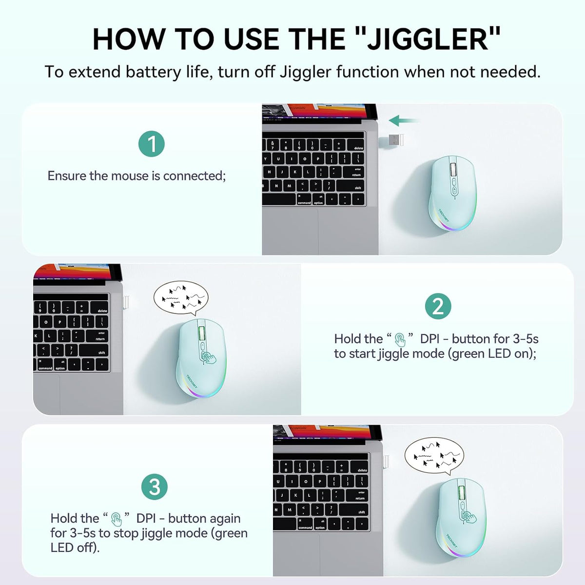 TECKNET Ratón inalámbrico Jiggler, mouse recargable con motor de mo...