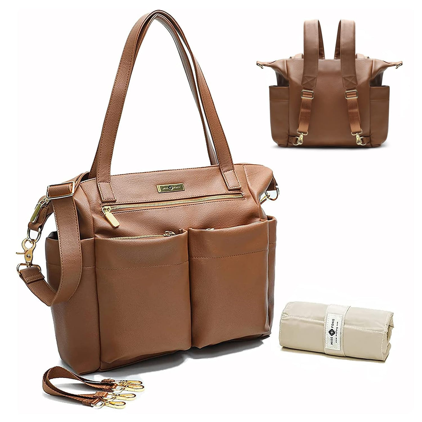 Miss Fong Bolso de cuero para pañales con almohadilla para cambiar,...