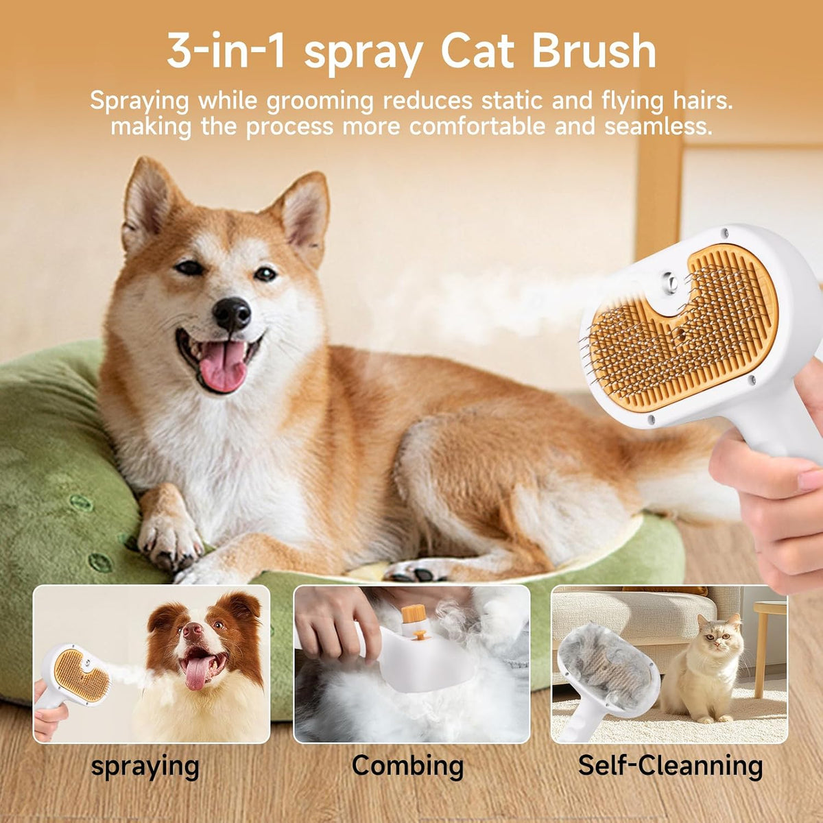 Cepillo de vapor para mascotas para perros y gatos, incluye 2 champ...