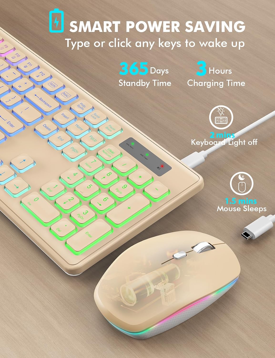 Combo de teclado y mouse inalámbricos con retroiluminación RGB, rec...