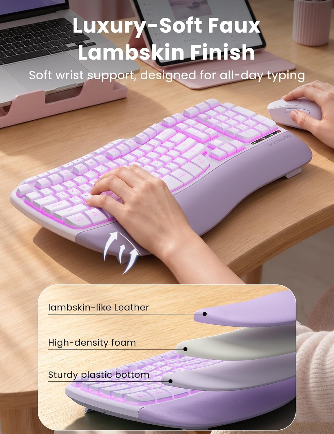 Combo de teclado y mouse inalámbricos ergonómicos morados, teclado...