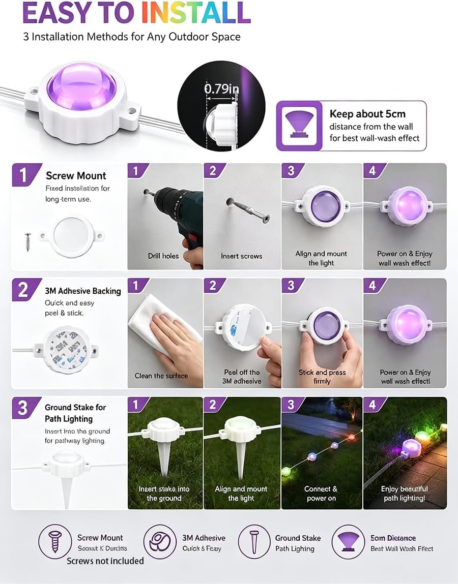 AurNyvaMay RGB luces exteriores permanentes para casa (24 V, 33 pie...