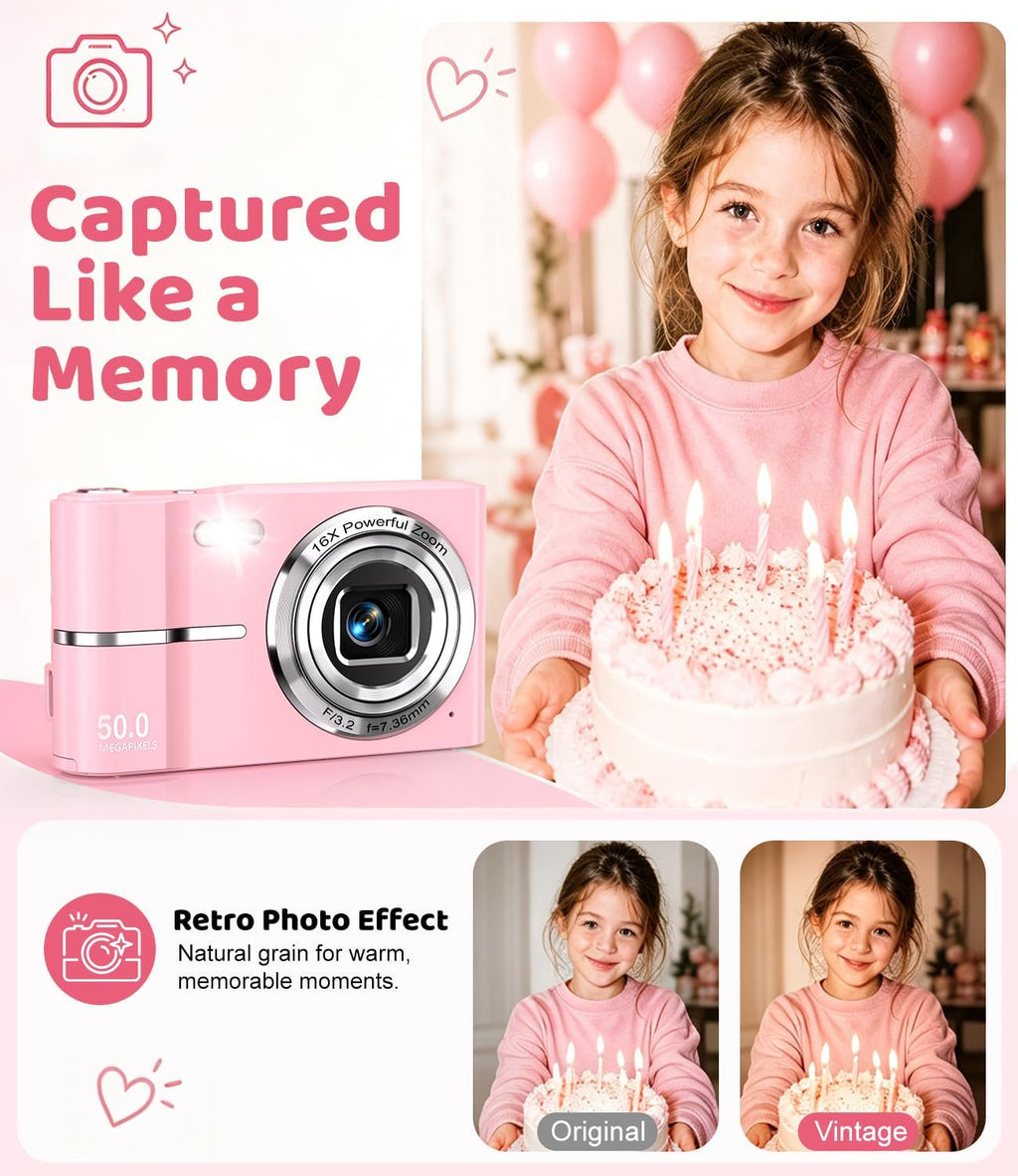 EJXHKNF Cámara digital rosa, 50MP FHD 1080P Cámara portátil para ap...