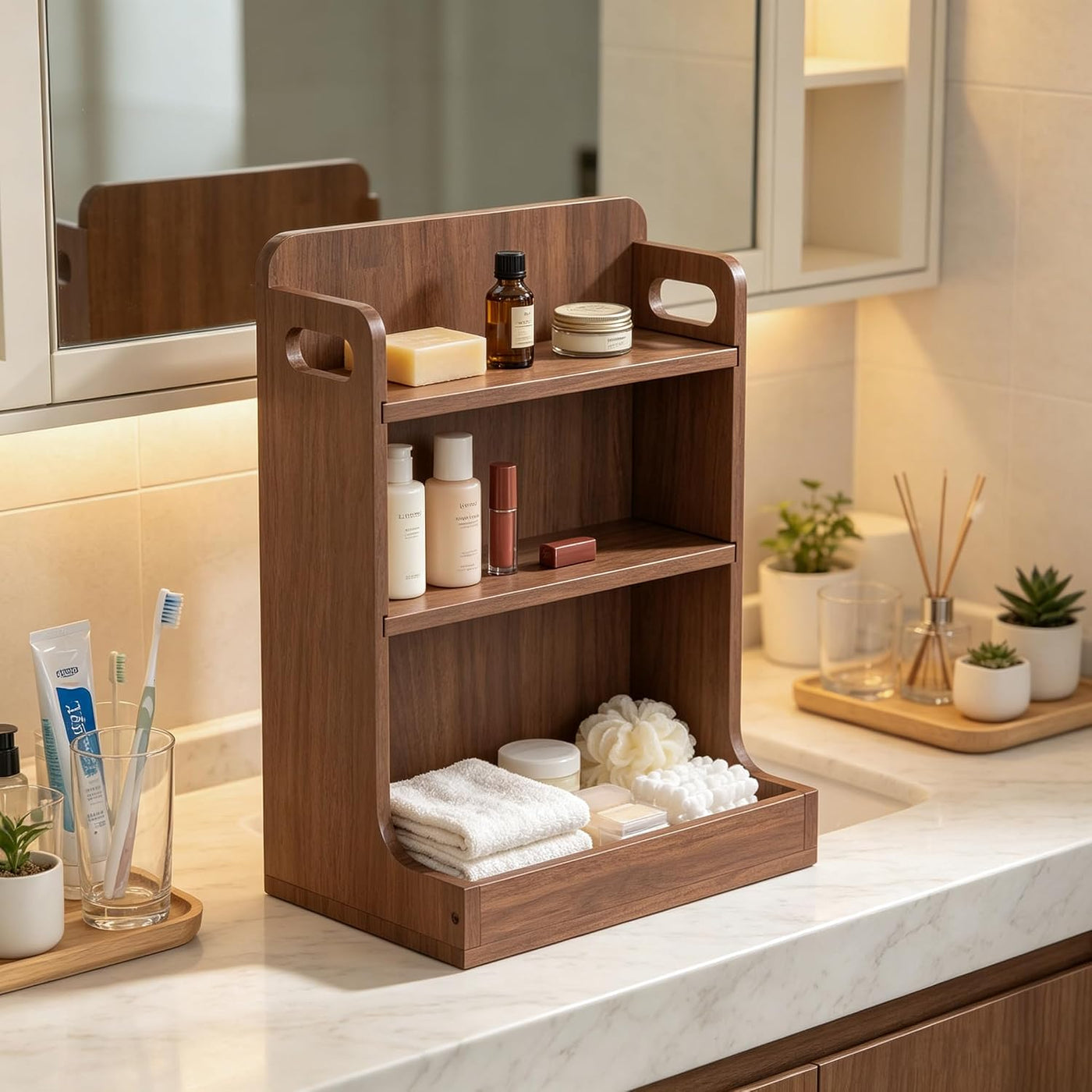 Estante de tocador para encimera organizador de baño de madera maci...