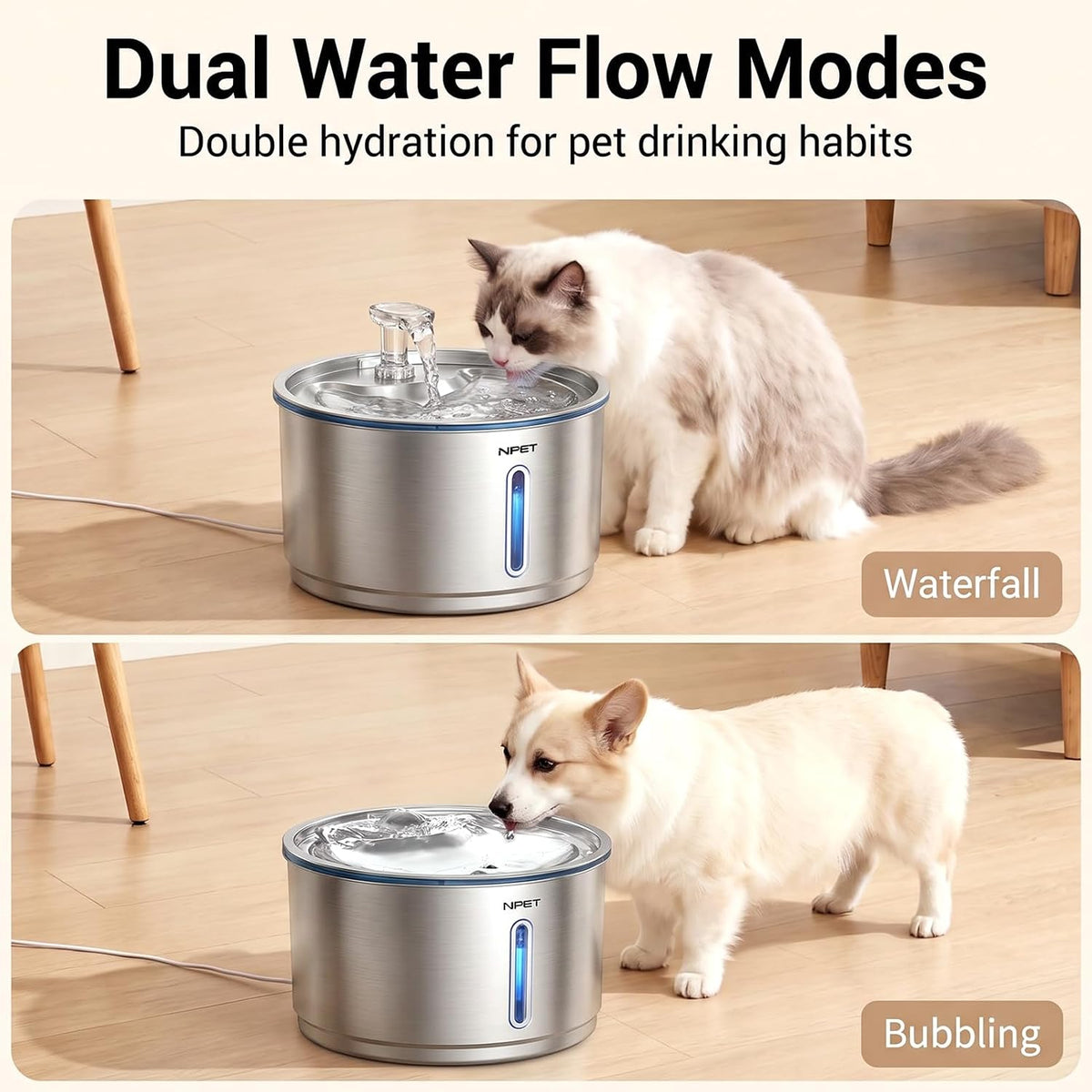 NPET Fuente de agua de acero inoxidable para gatos, 1 galón\/135 on...