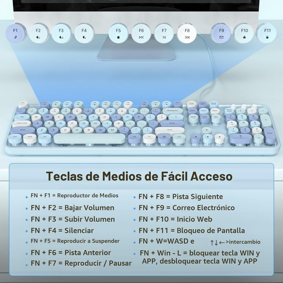 MOWUX Teclado de computadora con cable, teclado retro redondo con c...