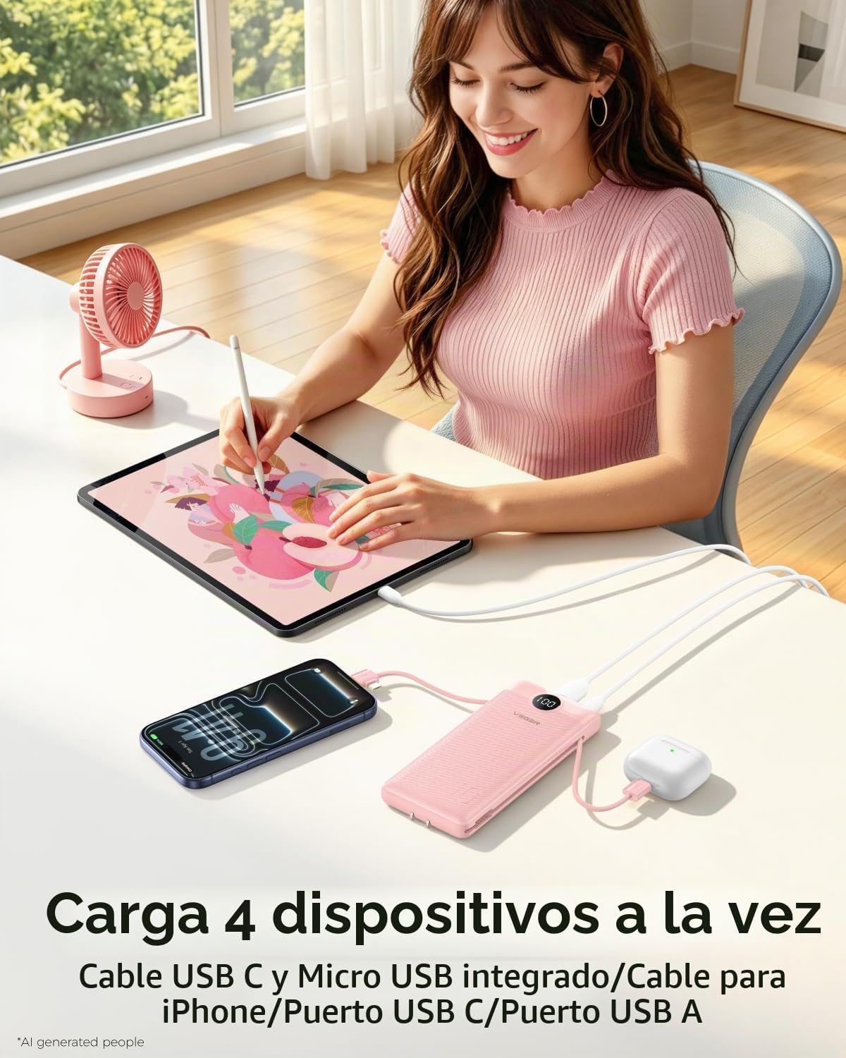 VEGER Cargador portátil para iPhone, Power Bank con cables integrad...