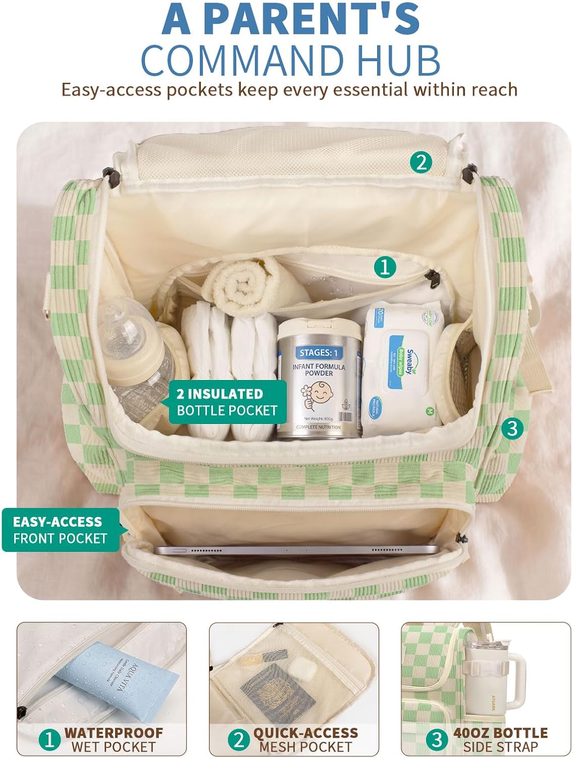 suwarble Mochila grande de pana para pañales para mamá, bolsa de vi...