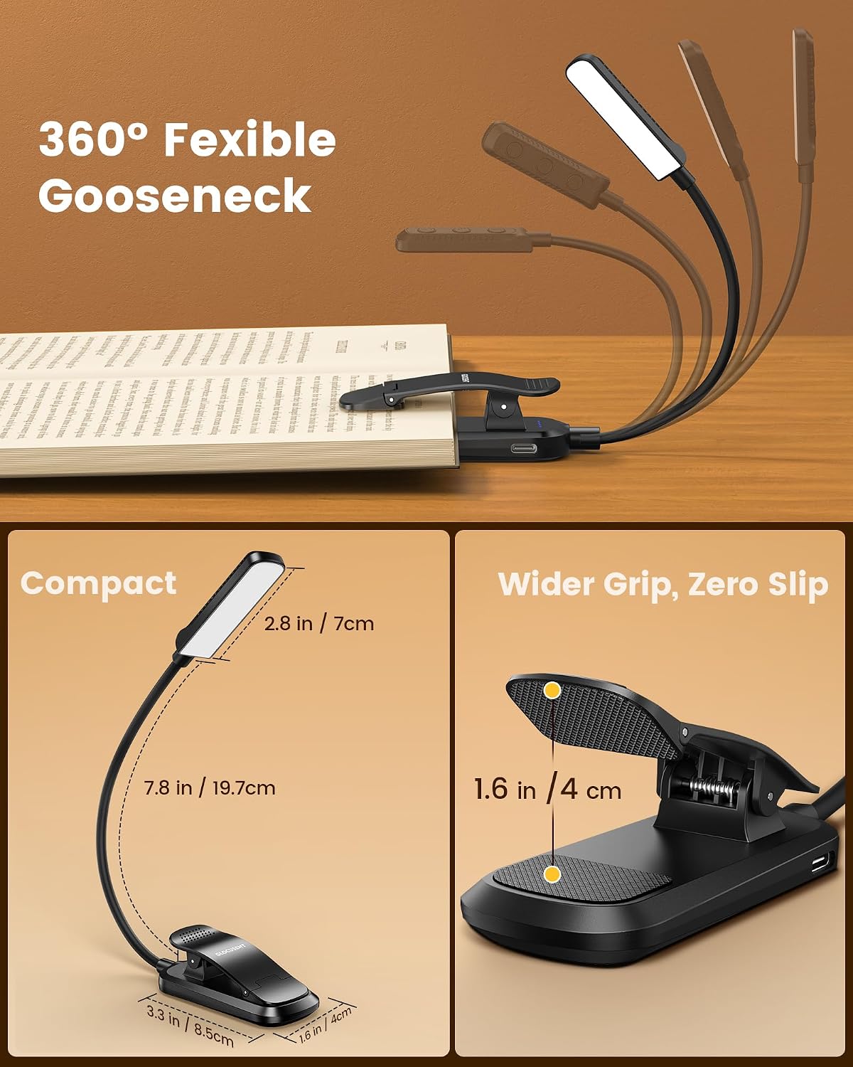 Glocusent Paquete de luz de cuello flexible y luz de lectura recarg...