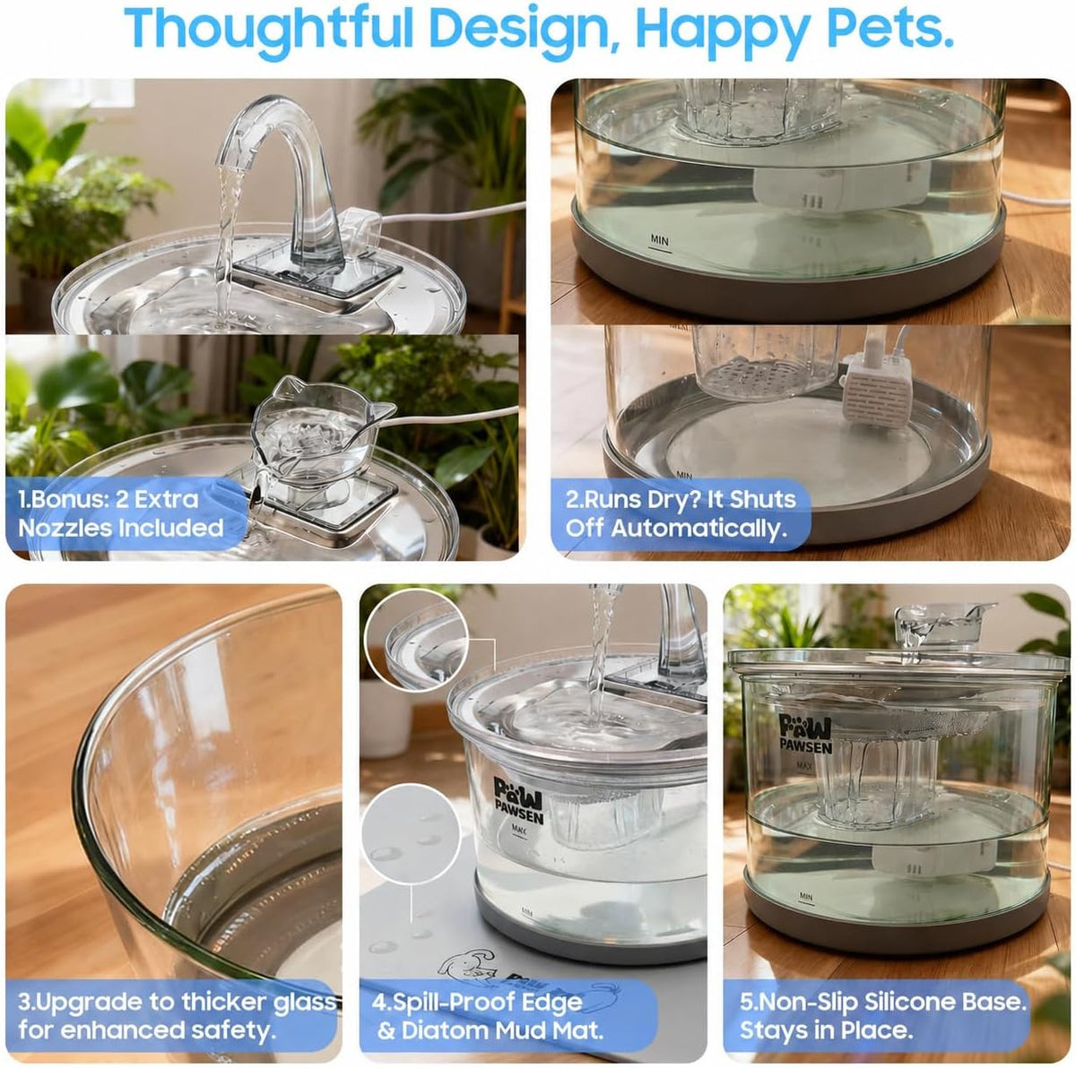 PAWPAWSEN Fuente de agua de cristal para gatos, 70 onzas, apta para...
