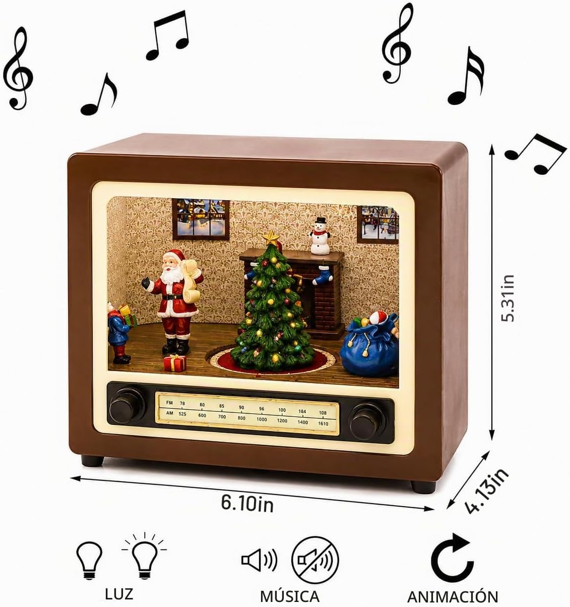 Moments in Time Radio retro con escena del hogar de Papá Noel, deco...