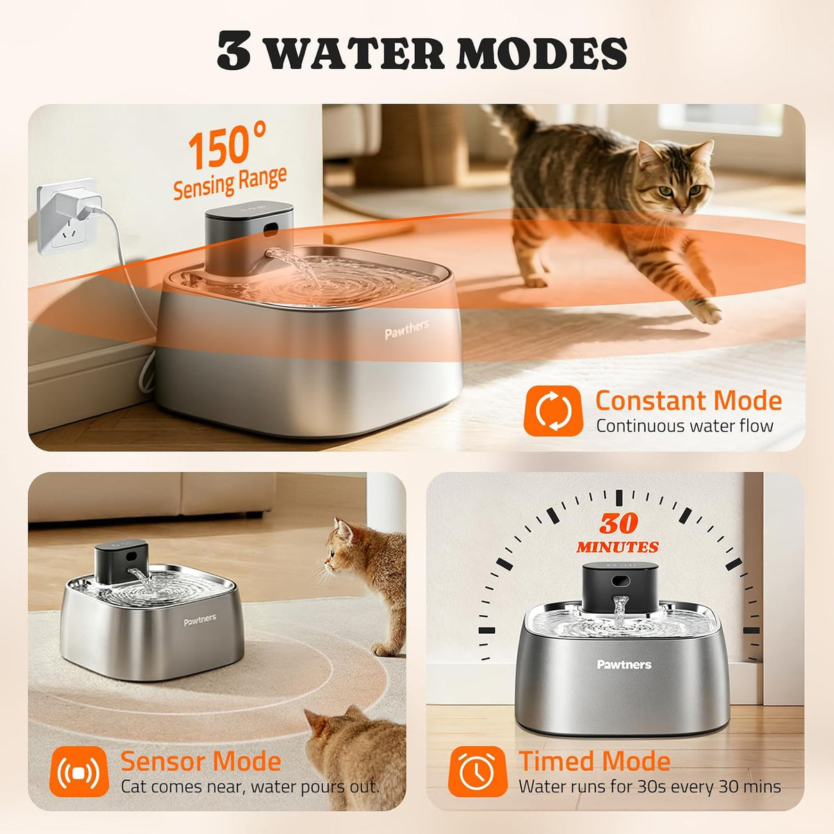 Pawtners Fuente de agua para gatos sin bombeo de acero inoxidable 1...