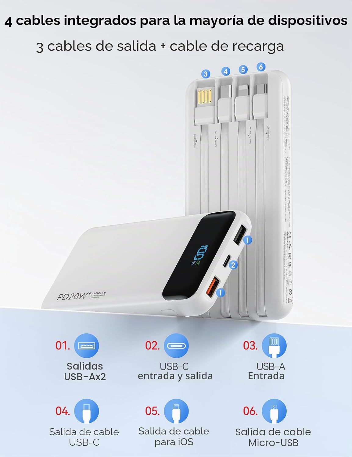 Nusyddy Cargador portátil 10000mAh con 4 cables incorporados y 6 sa...