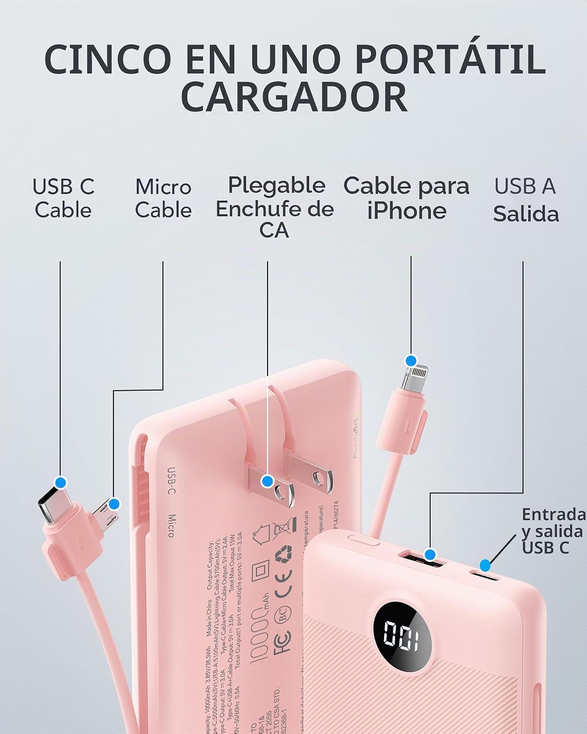 VRURC Cargador portátil, cables integrados en el banco de energía y...