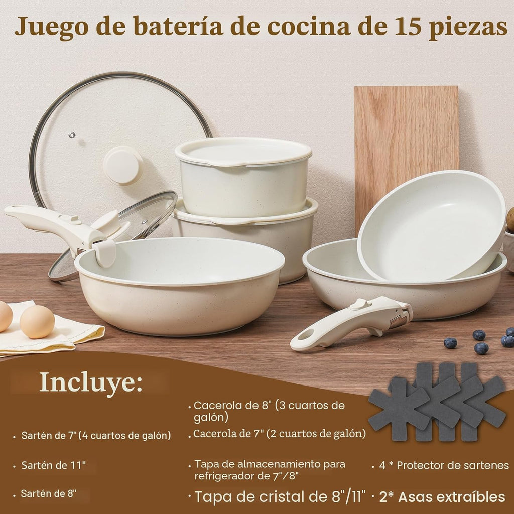 SODAY Juego de 15 piezas de ollas y sartenes antiadherentes, juegos...