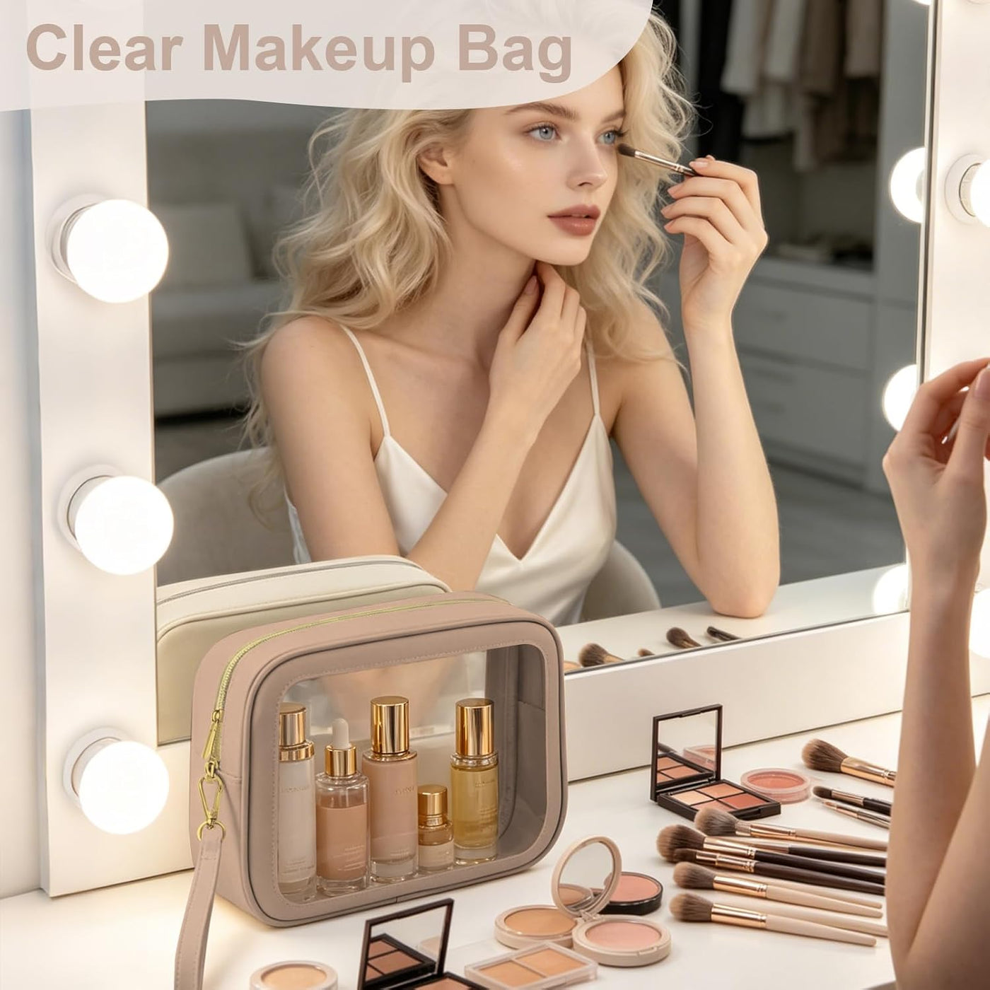 KIUGCO 5 bolsas de maquillaje transparentes con asas, bolsas de ase...
