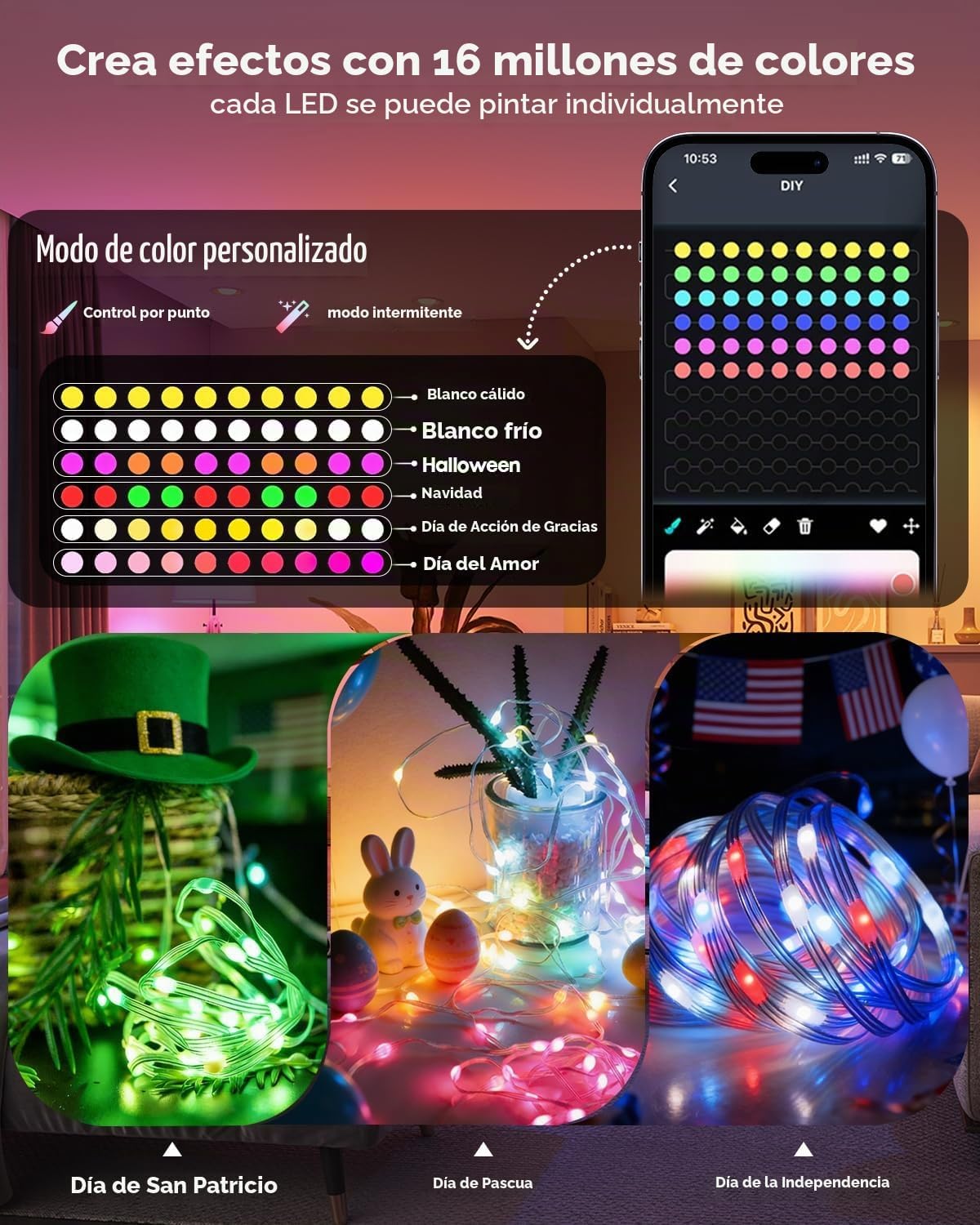 Super RGB Guirnalda de luces inteligentes de 16.4 pies, 50 luces LE...