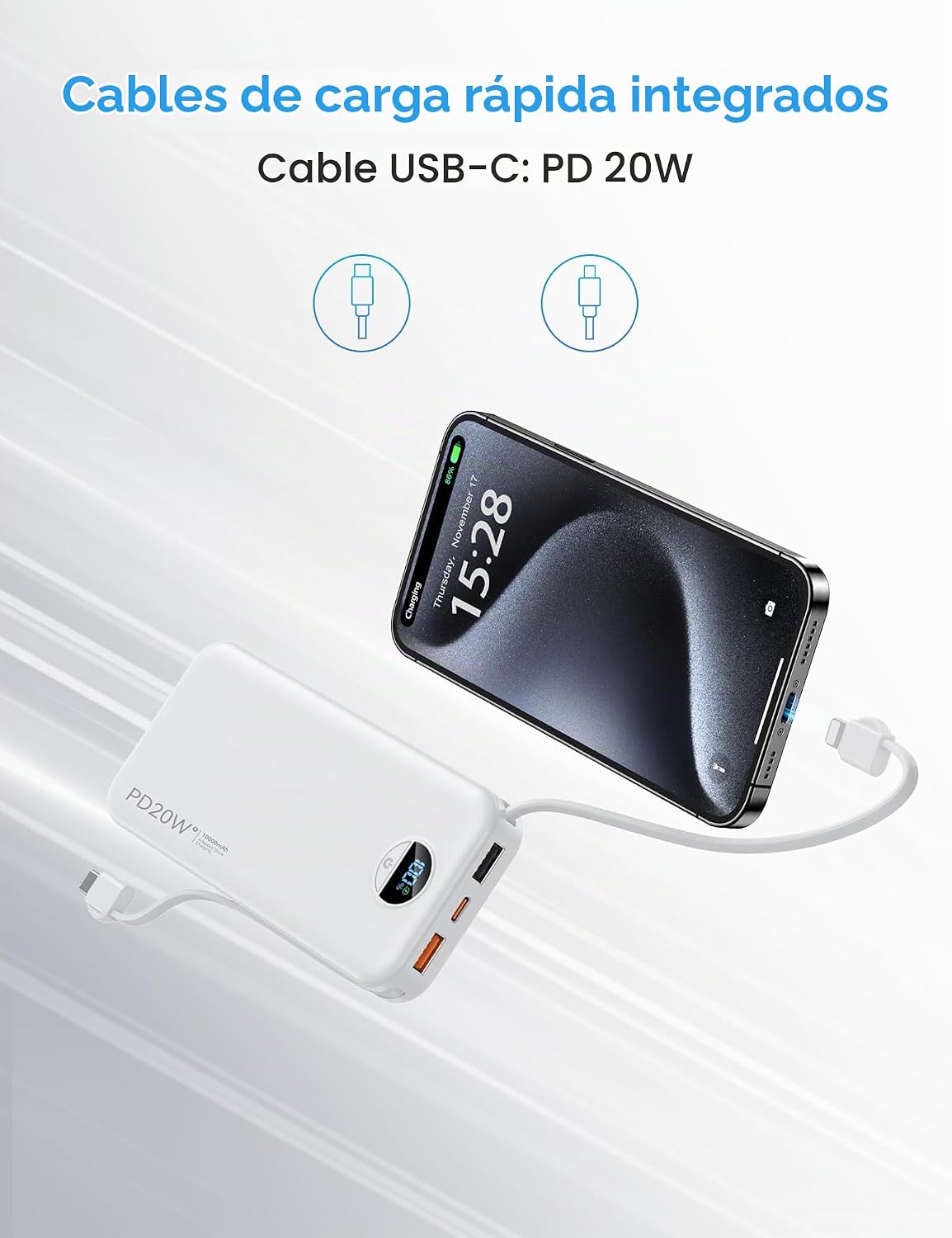 Ffnpua Cargador portátil Power Bank 10000mAh PD20W con cables incor...
