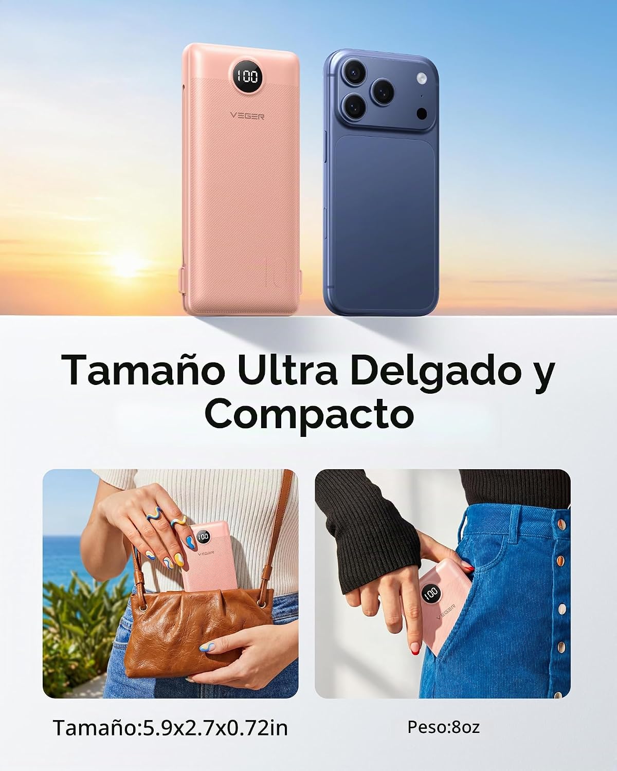VEGER Cargador portátil para iPhone, Power Bank con cables integrad...