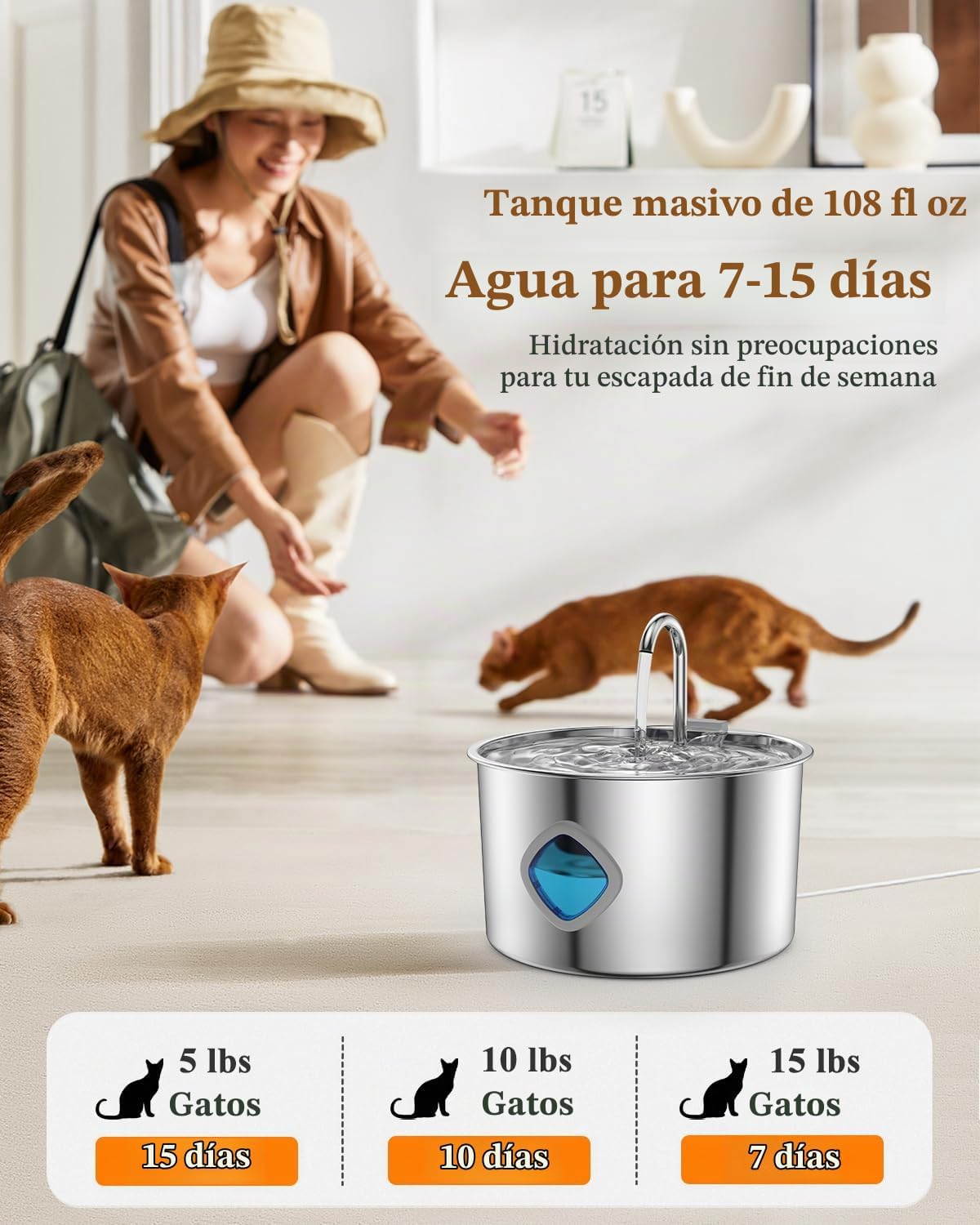 Fuente de agua para gatos de acero inoxidable, dispensador automáti...