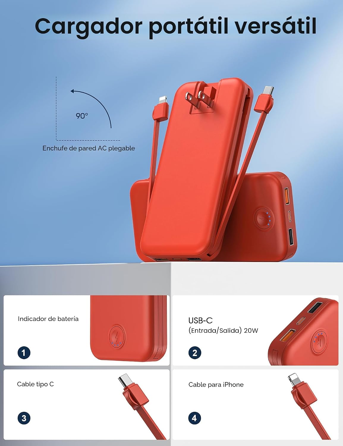 Nusyddy Cargador portátil de carga rápida de 10000 mAh con enchufe...