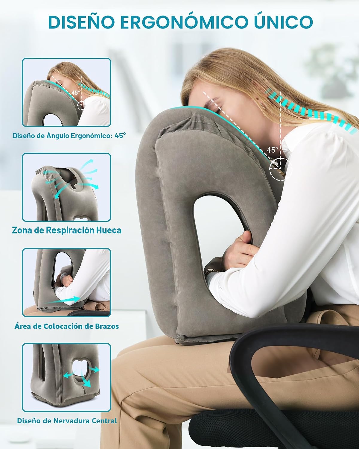 JefDiee Almohada inflable de viaje, almohada de cuello de avión que...