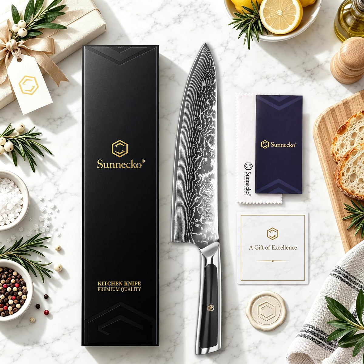 Sunnecko - Cuchillo de chef japonés de Damasco de 8 pulgadas, acero...