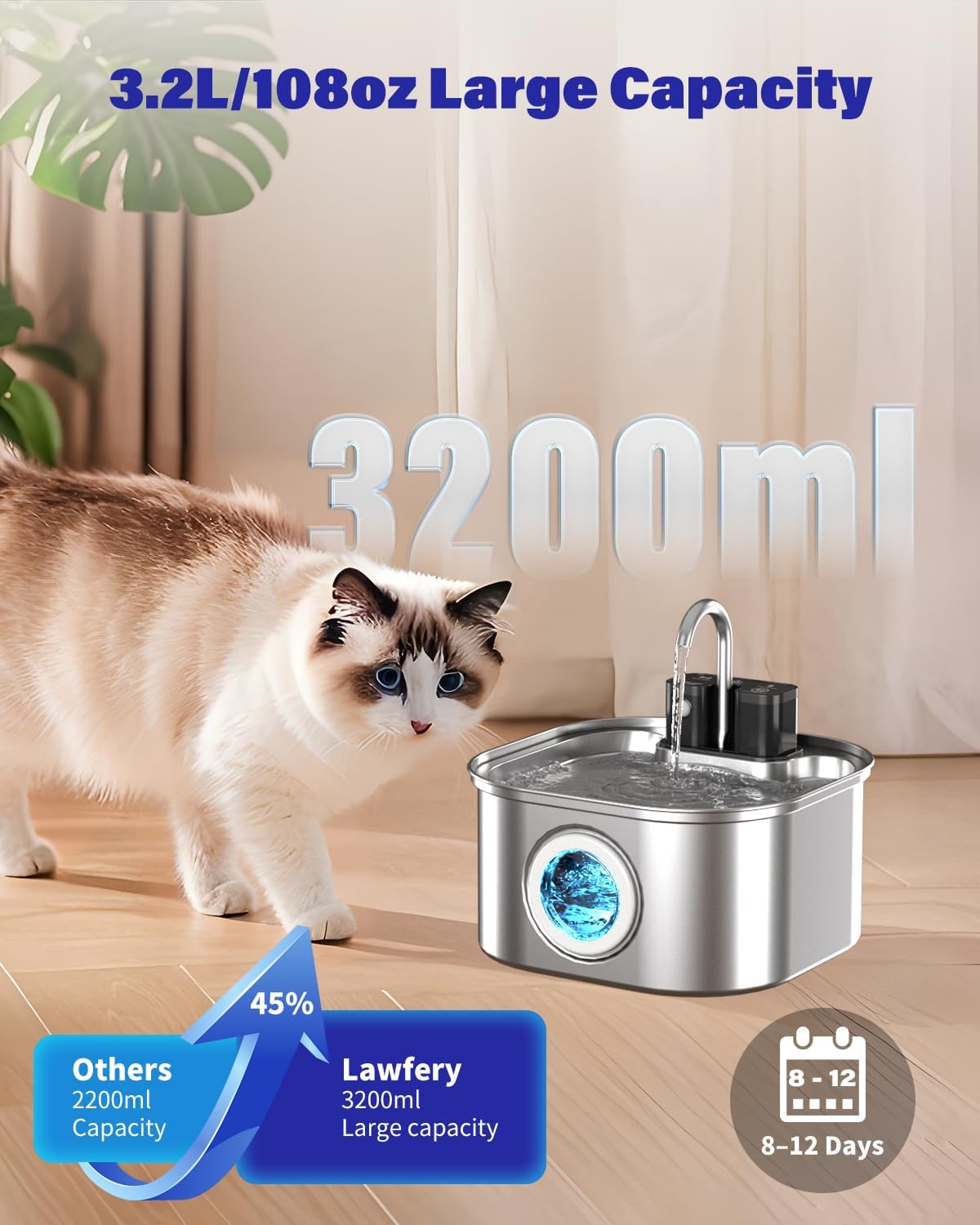 Lawfery fuente de agua inalámbrica para gatos de acero inoxidable 1...