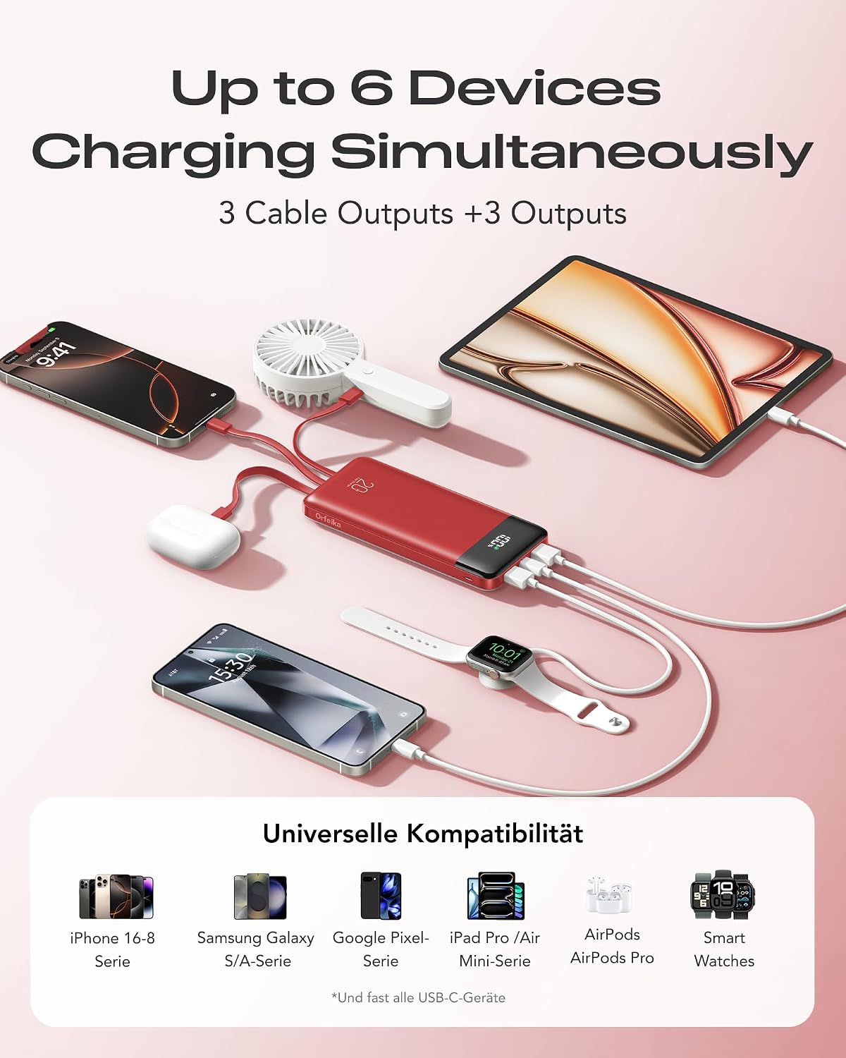 Orfeika Banco de energía de 20000 mAh, cargador portátil con 4 cabl...
