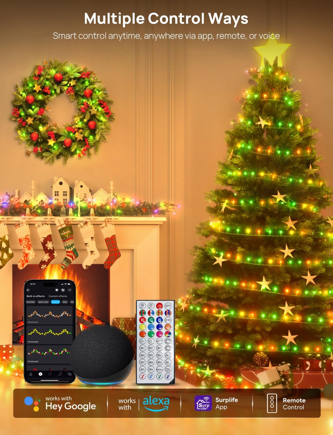 Luces de hadas inteligentes para árbol de Navidad de 65.6 pies, 200...