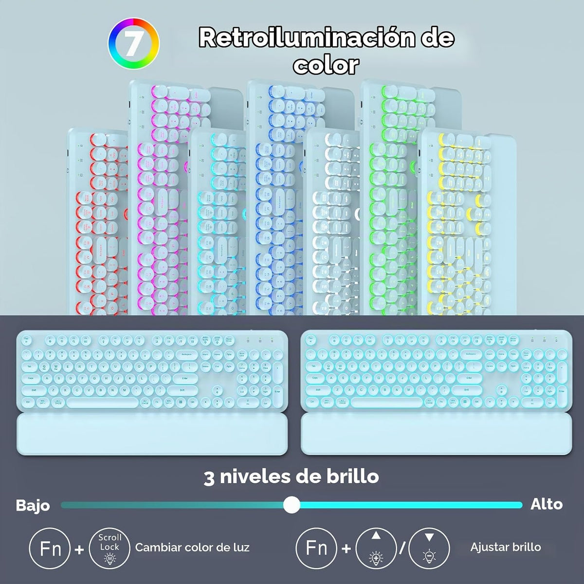 Combo de teclado y mouse inalámbricos, teclas redondas retroilumina...